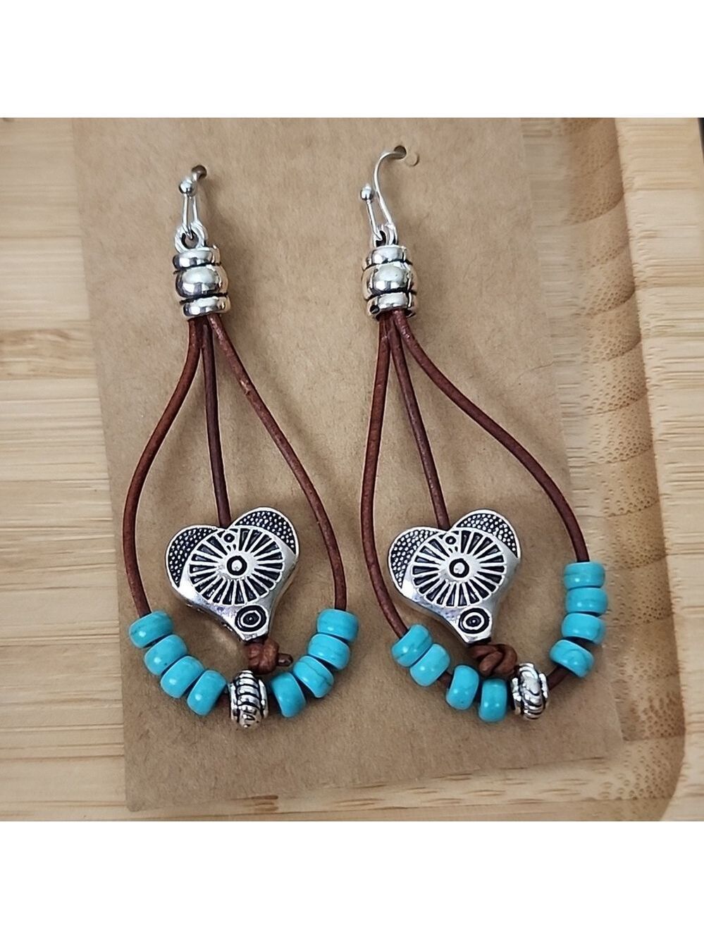 Natural Turquoise Beaded leather Dangle Boho Earrings